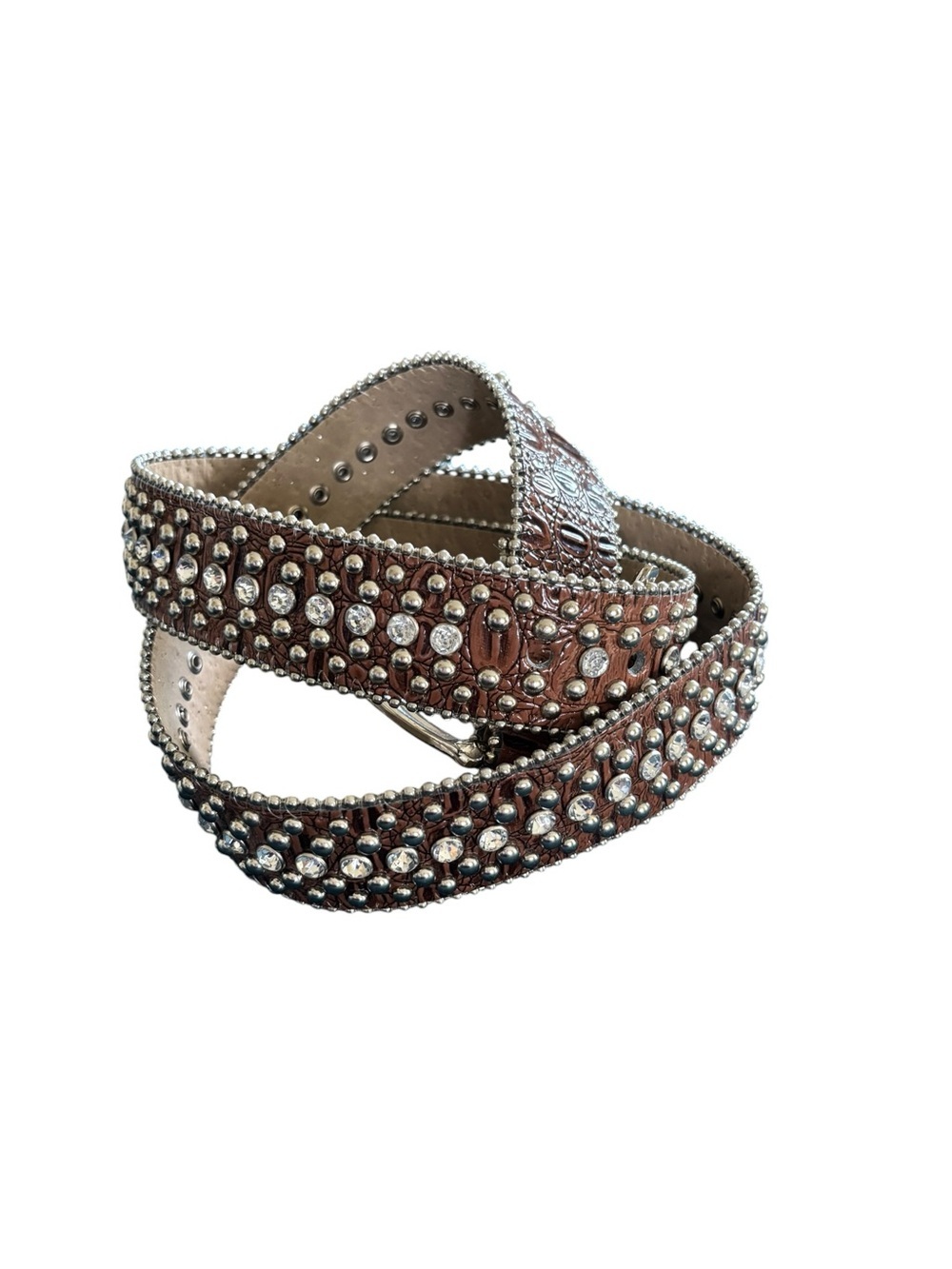 VTG Guess Faux Leather Rhinestone Metal Studded Western Belt Sz L Brown Buckle - Picture 2 of 5